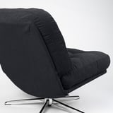 Large, modern black swivel chair. Curved seat and back, sturdy chrome base. Designed for comfort and durability.