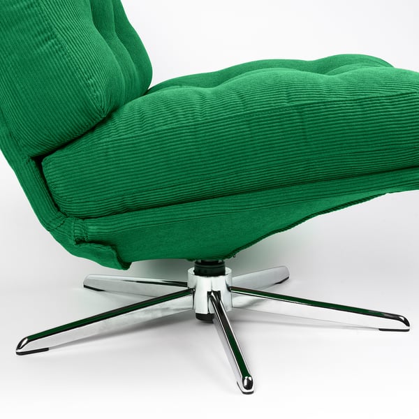 Bright green swivel chair with five chrome legs, modern design. Plush, textured fabric with sturdy base.