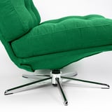 Bright green swivel chair with five chrome legs, modern design. Plush, textured fabric with sturdy base.