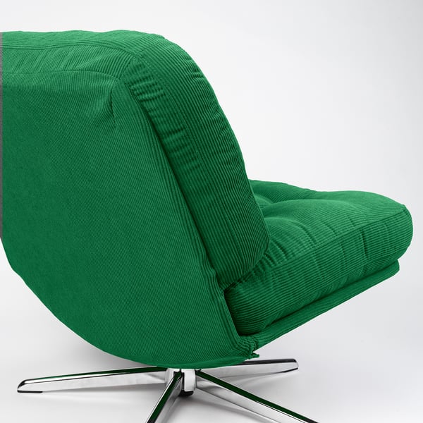 Bright green upholstered swivel chair with chrome base, designed for comfort.