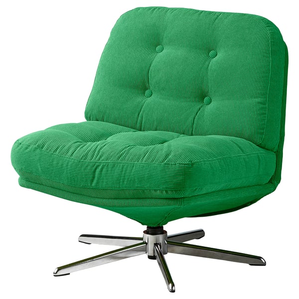 Bright green swivel chair with chrome base and circular shape; part of ikeas retro revival series.