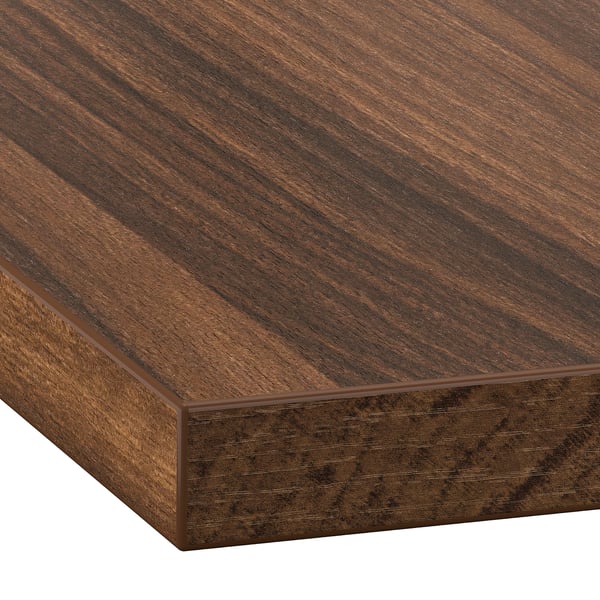 Dark brown wooden countertop with visible grain patterns and square edges, polished smooth finish.