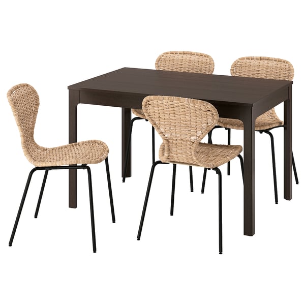 EKEDALEN dining set with dark brown extendable table and 4 rattan chairs.