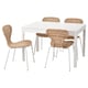 EKEDALEN white extendable dining table with four wicker chairs. Modern, practical, and woven design.