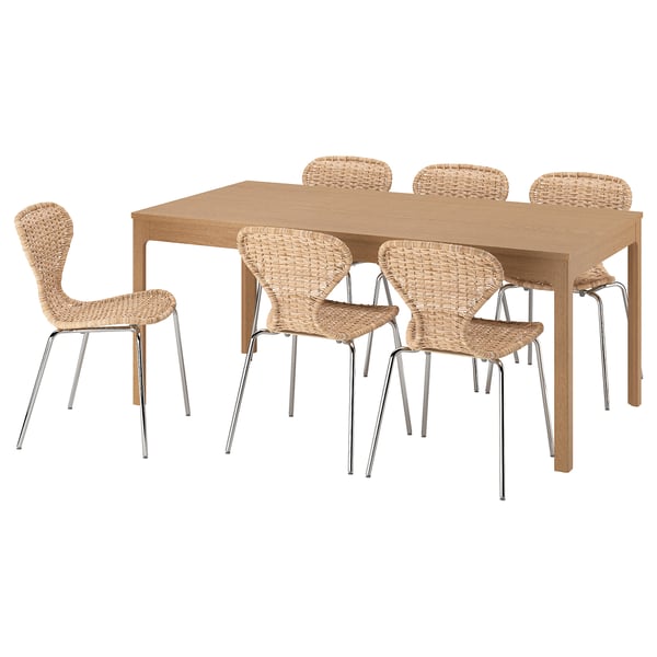 Wicker chair set with light wooden table. Modern minimalist dining set.
