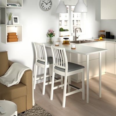 Modern kitchen with compact dining set. EKEDALEN stools under table, near window and couch.