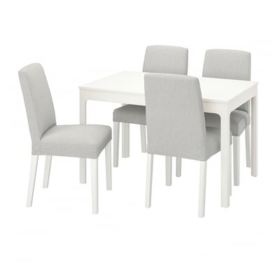 White EKEDALEN dining set with square table and four fabric chairs. Gray cushioned seats, white legs, minimalist design.