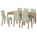 EKEDALEN: 6-piece dining set with wooden table, leaf, 5 chairs. Floral white covers.