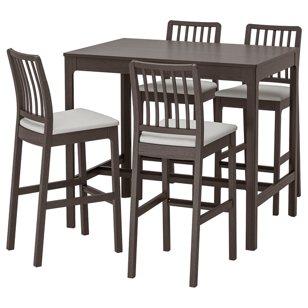 Dark wood square dining set with four matching high chairs. Modern design, clean lines, and padded seats.