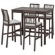 Dark wood square dining set with four matching high chairs. Modern design, clean lines, and padded seats.