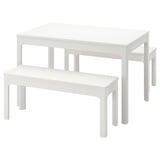 A white EKEDALEN dining set with a rectangular table and bench. Minimalist, durable design for kitchen or dining room.