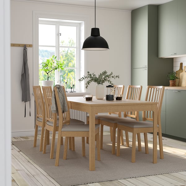 Modern kitchen with EKEDALEN set, black pendant, green cabinets, wood floor, plants.