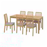EKEDALEN: 6-piece dining set with light wooden table and matching chairs. 4 cushioned blue seats.