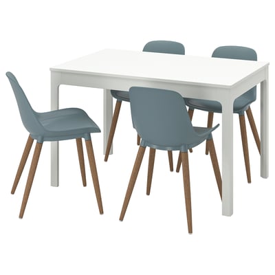 White EKEDALEN dining set with blue chairs.