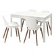 A white EKEDALEN dining set with a rectangular table and four matching chairs. The set a minimalist design with wooden legs.