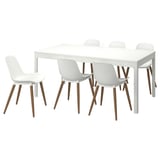 Modern white dining set with rectangular extendable table and six curved chairs.