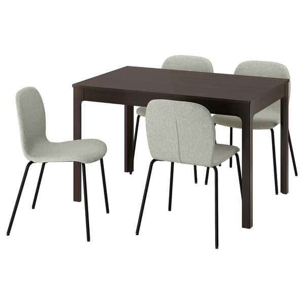 Dark brown square dining table with 4 light gray fabric chairs. Modern minimalist style with metal legs.