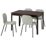 Dark brown square dining table with 4 light gray fabric chairs. Modern minimalist style with metal legs.