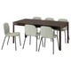 EKEDALEN extendable dining table with 4 grey fabric chairs and dark brown rectangular top.