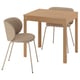 This image the EKEDALEN dining set in natural wood, including a rectangular table and two chairs with beige upholstery.