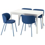 An EKEDALEN dining set with a white rectangular extendable table and four blue upholstered chairs.