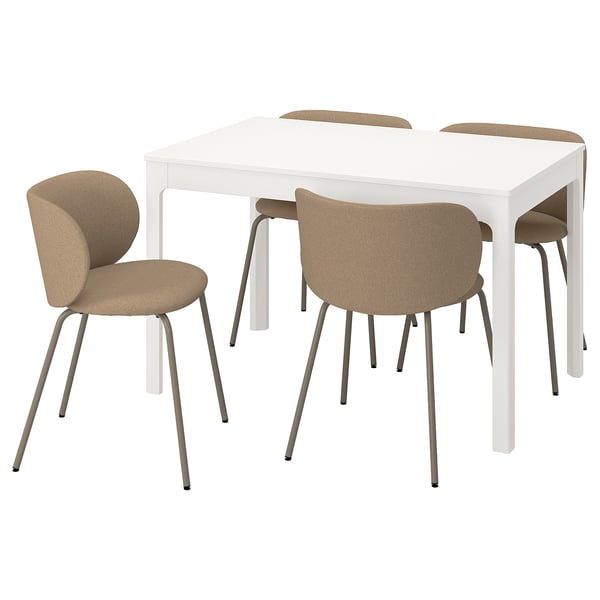 Modern white dining set with four beige upholstered chairs around rectangular extendable table.