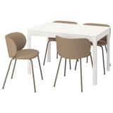 Modern white dining set with four beige upholstered chairs around rectangular extendable table.