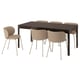Modern dark wooden dining table with 4 beige fabric chairs. Rectangular, sleek edges, sturdy legs.