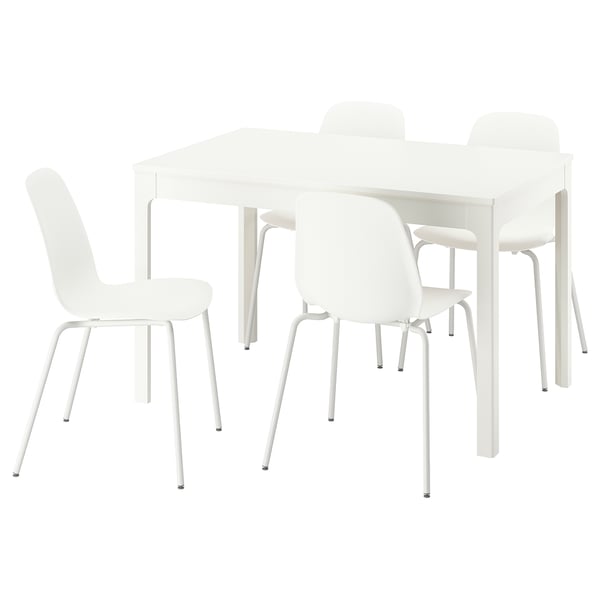 White 4-seat extendable dining table and chairs set, modern minimalist design, plastic and metal.