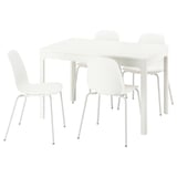 White 4-seat extendable dining table and chairs set, modern minimalist design, plastic and metal.