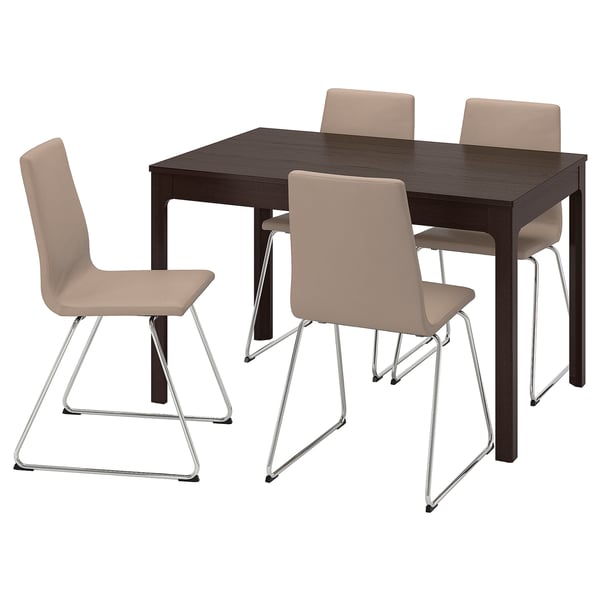EKEDALEN: modern 4-seat dining set with dark brown table, beige chairs. Chrome legs, padded seats, wood veneer top.
