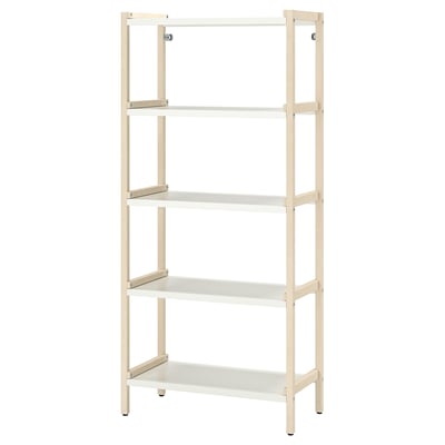 Ikea EKENABBEN white metal and wood shelving unit with four empty shelves.