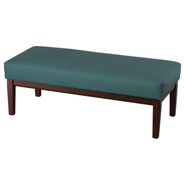 EKENÄSET bench, teal cushion, wooden legs, vintage design.