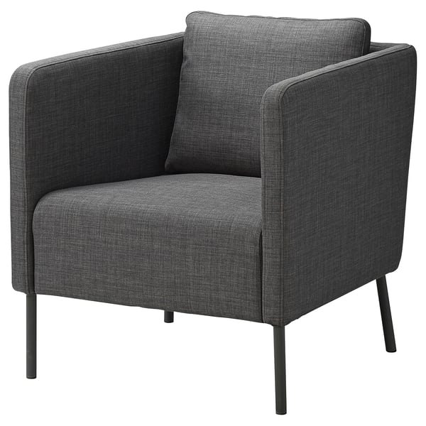 Modern grey EKERÖ armchair, sleek design with dark metal legs, square back, and plush cushions.