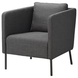Modern grey EKERÖ armchair, sleek design with dark metal legs, square back, and plush cushions.