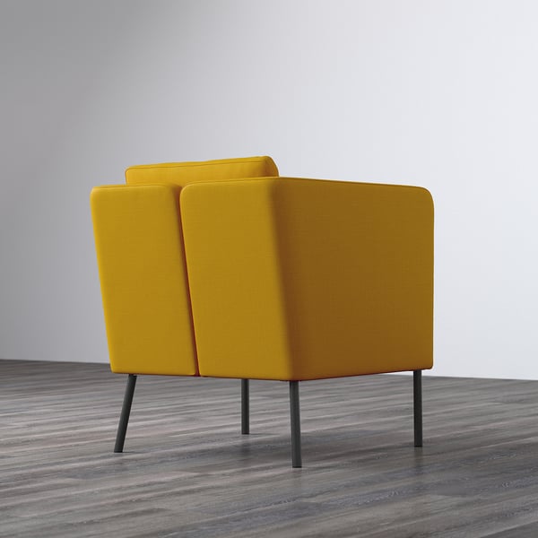 Bright yellow EKERÖ armchair with removable cushion, offering lumbar support and modern design.