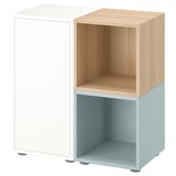 Three cube storage unit, one with white door, one with light wood, one with light blue; adjustable feet.