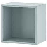 An EKET cube shelf, light blue, square-shaped with open storage, made of particleboard and fiberboard.