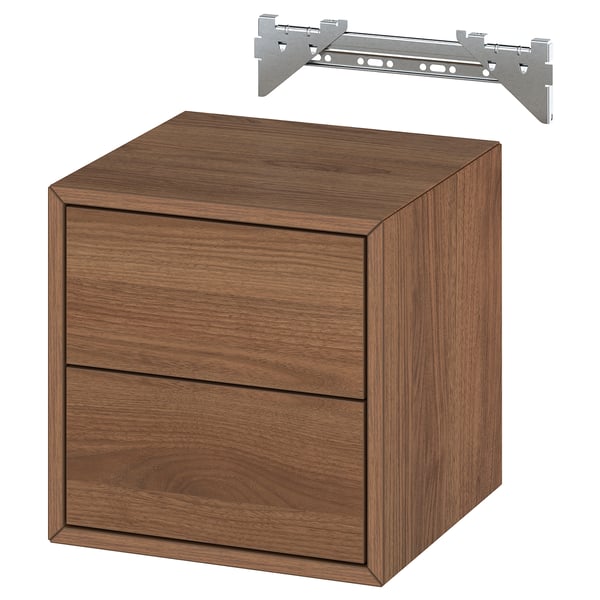 EKET: modern brown wood cube storage. Two drawers, sleek design, metal brackets.