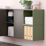 Wall-mounted storage: open & closed cabinets for versatile organization.