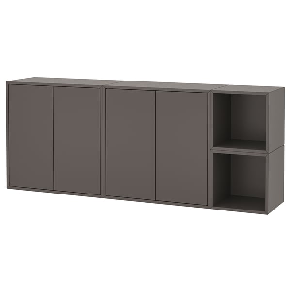 A gray EKET wall-mounted storage unit with both open and closed cabinets.