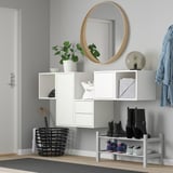 EKET storage with white drawers, shelves, plant, light, mirror, coat, umbrella.