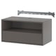 Option: An EKET grey wall-mounted shelf with one open compartment and push-open front, featuring cable management solutions.