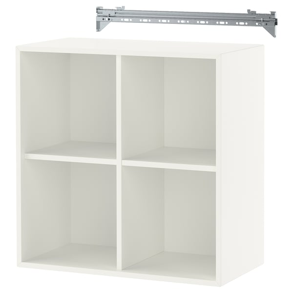 A white EKET storage cube with four compartments and a wall suspension rail.