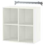 A white EKET storage cube with four compartments and a wall suspension rail.