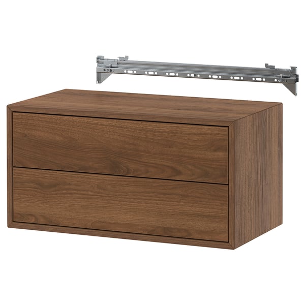 Brown EKET wall-mount cabinet with two drawers and metal rail.