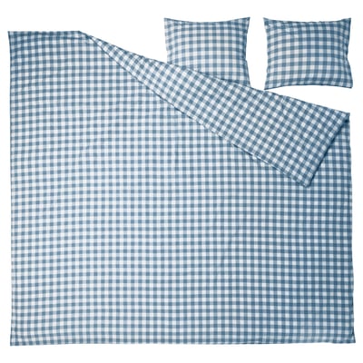 EKTANDVINGE Duvet cover and 2 pillowcases, dark blue white/check, 240x220/50x60 cm