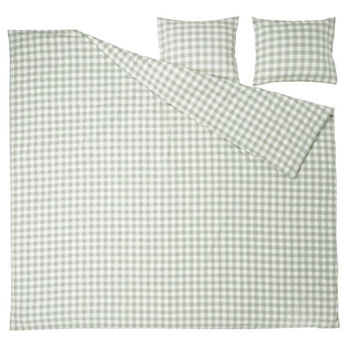 Light green gingham bedding set with white check pattern, made from 100% organic cotton.