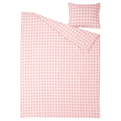 Light pink gingham check duvet and pillow set, 100% organic cotton.
