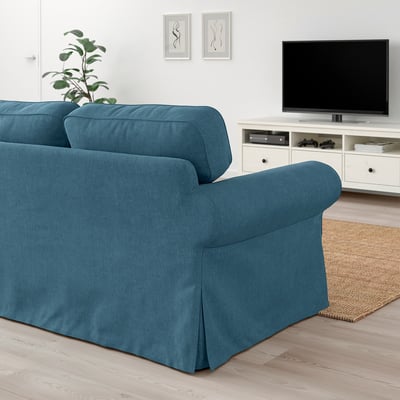 Blue EKTORP 3-seat sofa in living room with tv stand and rug